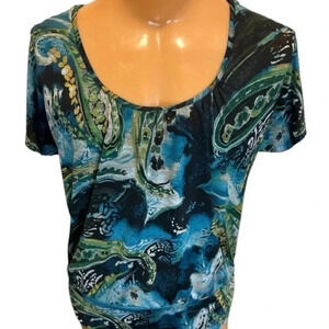 AB Studio Large Top Paisley Abstract Dolman Sleeve Scoop Neck Cut-Out Stretch